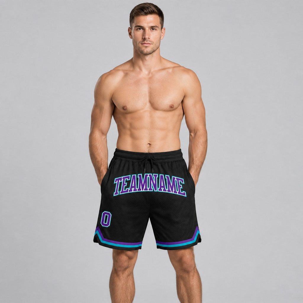 Custom Black Authentic Throwback Basketball Shorts with Purple and Teal Lettering Design 1270 worn by male model
