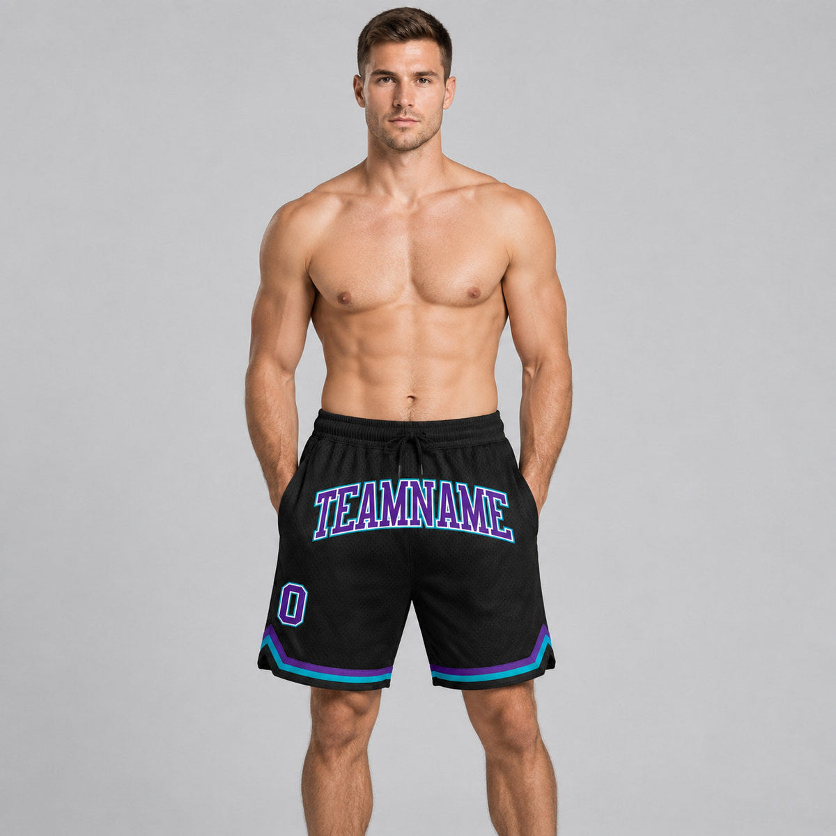 Custom Black Authentic Throwback Basketball Shorts with Purple and Teal Lettering Design 1270 worn by male model