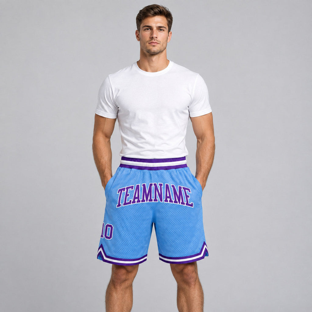 Custom Light Blue Authentic Throwback Basketball Shorts with Purple and White Lettering worn by male model
