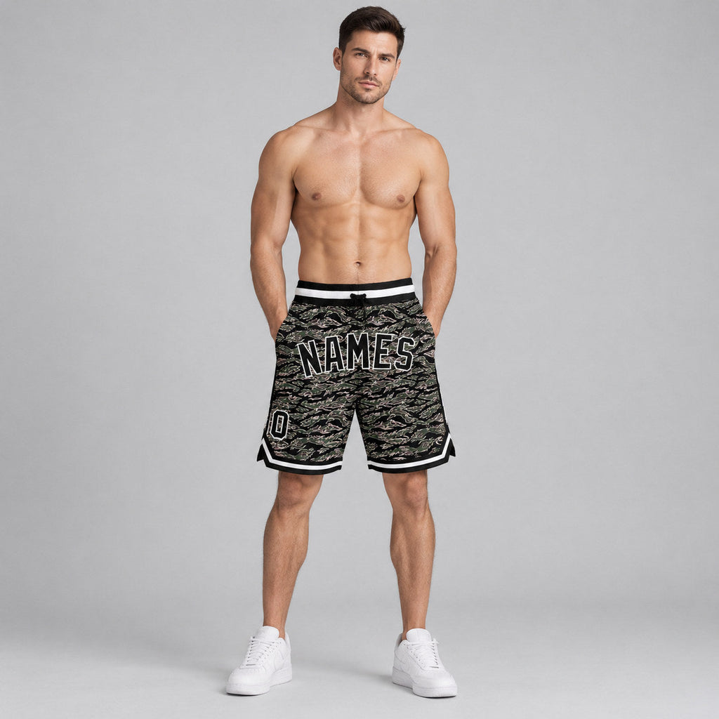 Custom Black and White Camo Salute To Service Authentic Basketball Shorts worn by male model