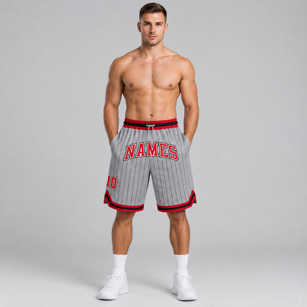 Custom Gray and Black Pinstripe Authentic Basketball Shorts with Red and White Lettering worn by male model
