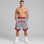Custom Gray and Black Pinstripe Authentic Basketball Shorts with Red and White Lettering worn by male model