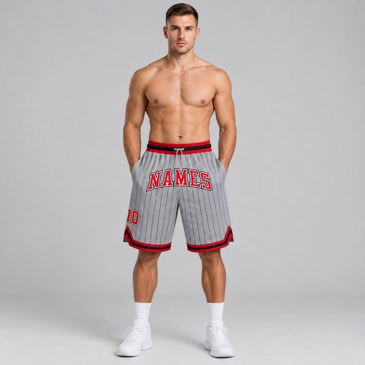 Custom Gray and Black Pinstripe Authentic Basketball Shorts with Red and White Lettering worn by male model
