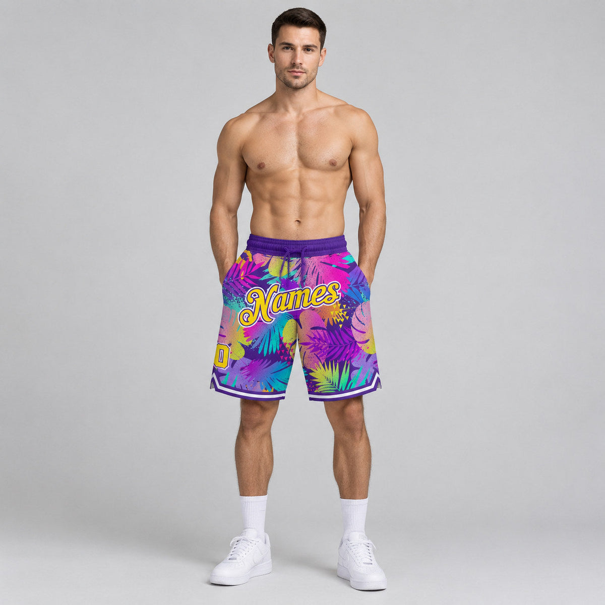 Custom Purple Tropical Palm Leaves Authentic Basketball Shorts with Gold and White Lettering worn by male model