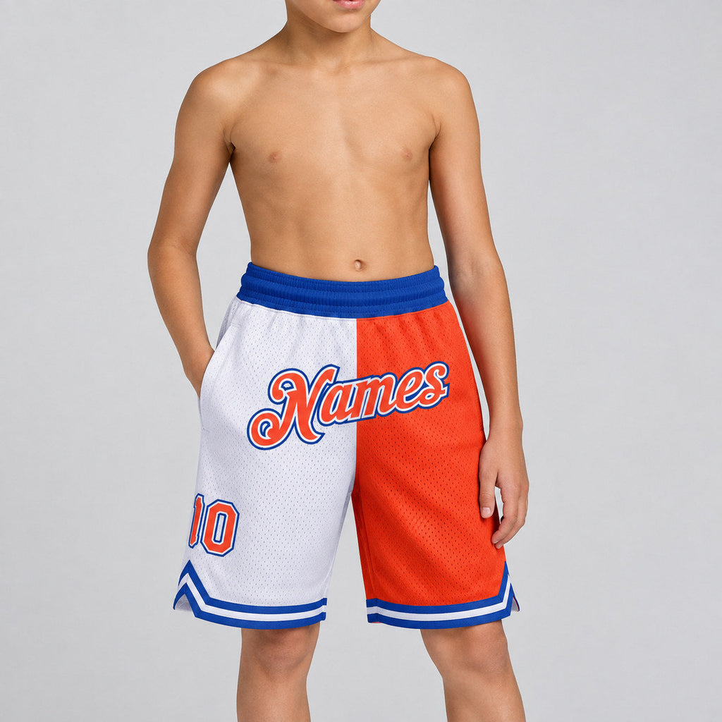 Custom White Authentic Throwback Basketball Shorts with Orange and Royal Lettering Design 0514 youth size worn by child model