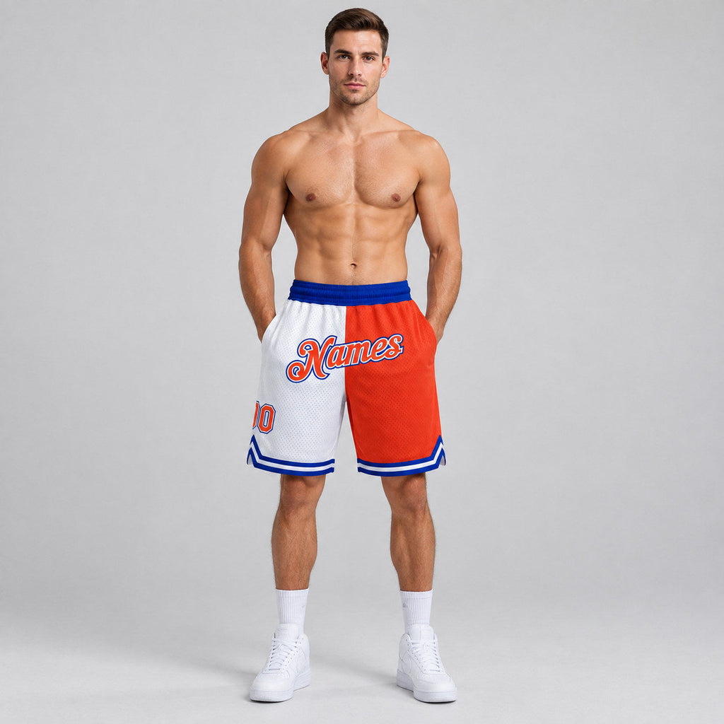 Custom White Authentic Throwback Basketball Shorts with Orange and Royal Lettering Design 0514 worn by male model