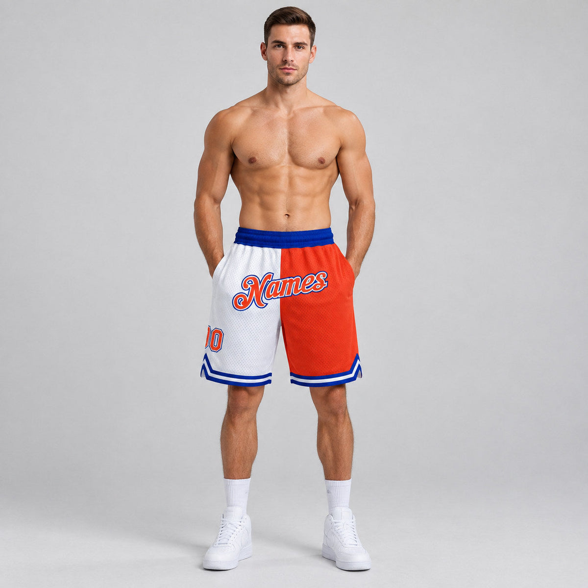 Custom White Authentic Throwback Basketball Shorts with Orange and Royal Lettering Design 0514 worn by male model