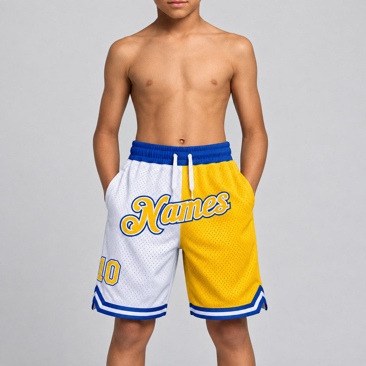 Custom White Authentic Throwback Basketball Shorts with Gold and Royal Lettering youth size worn by child model