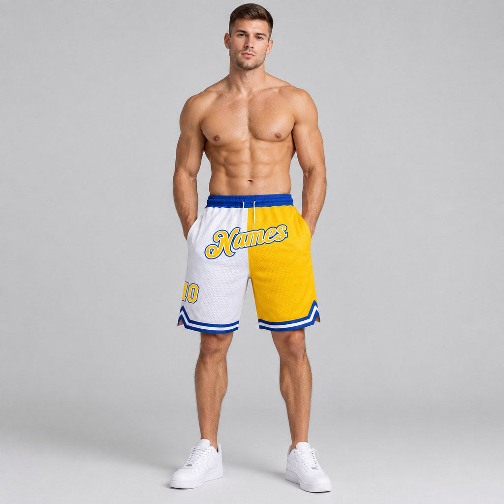Custom White Authentic Throwback Basketball Shorts with Gold and Royal Lettering worn by male model