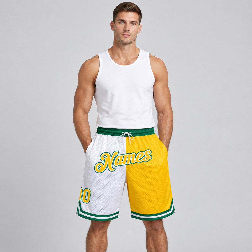 Custom White Authentic Throwback Basketball Shorts with Gold and Kelly Green Lettering worn by male model