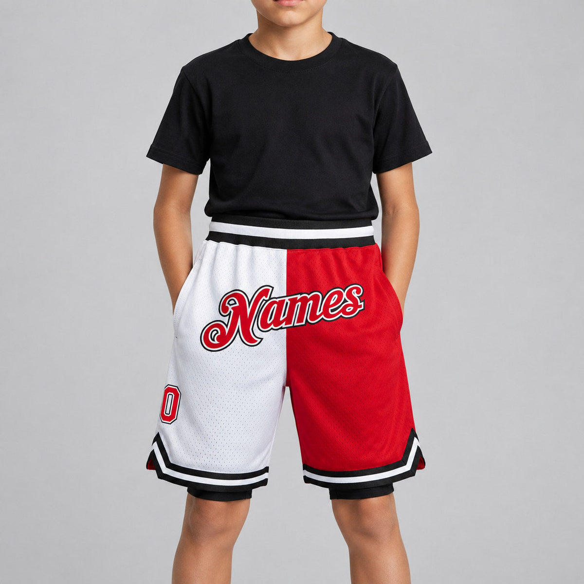 Custom White Authentic Throwback Basketball Shorts with Red and Black Lettering Design 0477 youth size worn by child model
