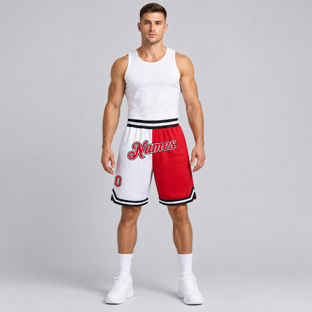 Custom White Authentic Throwback Basketball Shorts with Red and Black Lettering Design 0477 worn by male model
