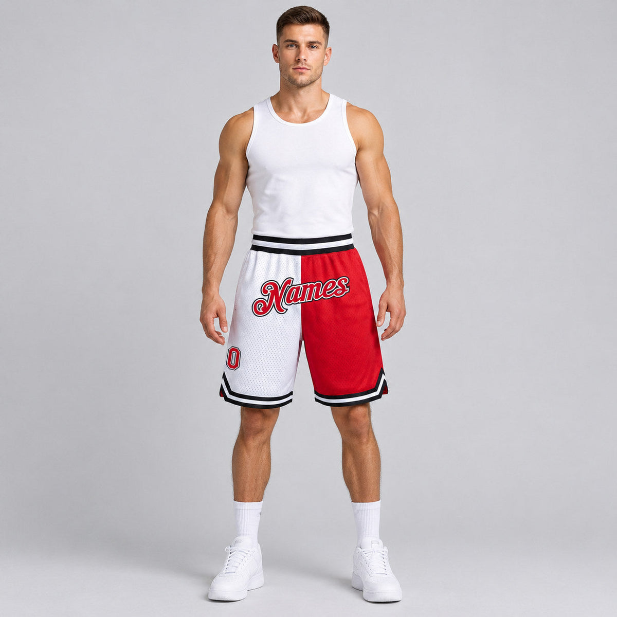 Custom White Authentic Throwback Basketball Shorts with Red and Black Lettering Design 0477 worn by male model