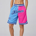Custom Light Blue Authentic Throwback Basketball Shorts with Royal and Pink Lettering youth size worn by child model