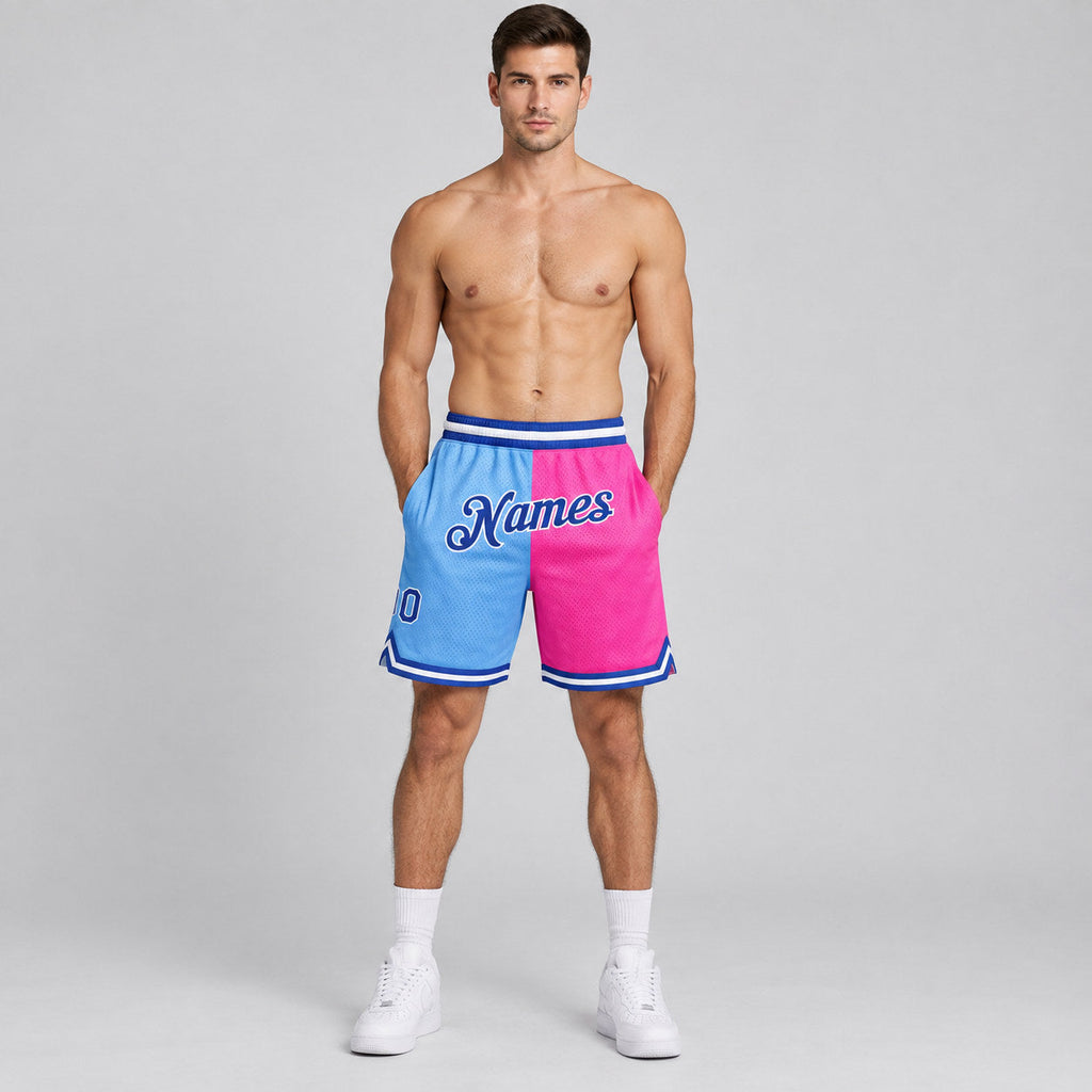 Custom Light Blue Authentic Throwback Basketball Shorts with Royal and Pink Lettering worn by male model