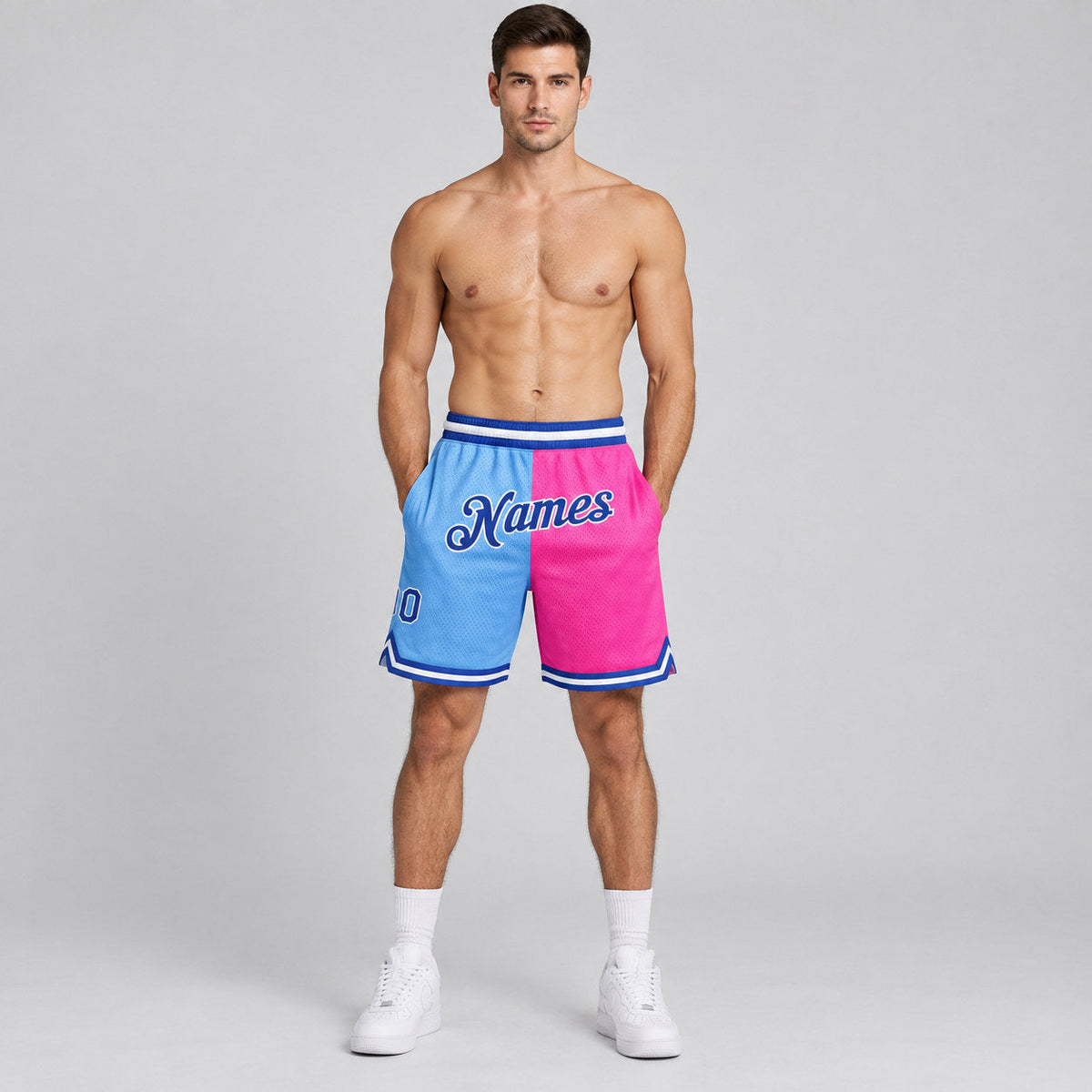 Custom Light Blue Authentic Throwback Basketball Shorts with Royal and Pink Lettering worn by male model