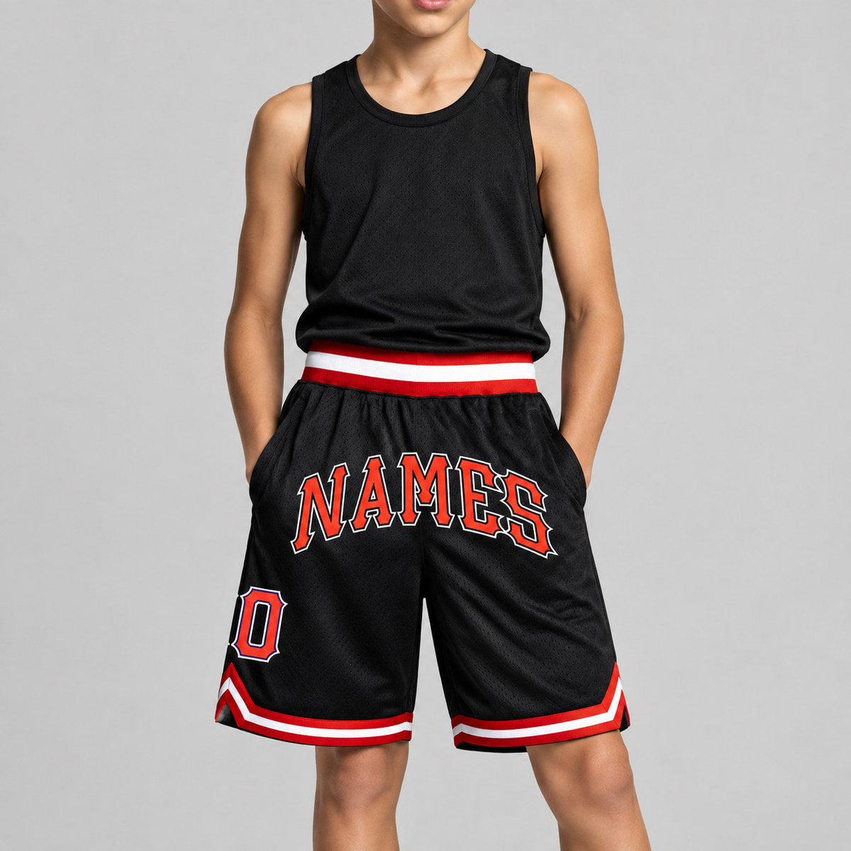 Custom Black Authentic Throwback Basketball Shorts with Orange and White Lettering Design 0309 youth size worn by child model