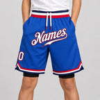 Custom Blue Authentic Throwback Basketball Shorts with White and Red Lettering youth size worn by child model