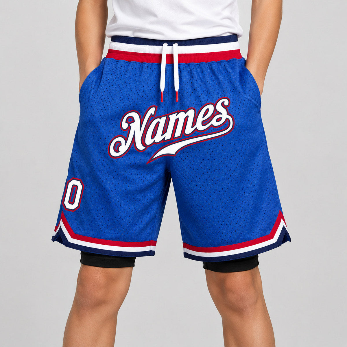 Custom Blue Authentic Throwback Basketball Shorts with White and Red Lettering youth size worn by child model
