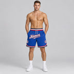 Custom Blue Authentic Throwback Basketball Shorts with White and Red Lettering worn by male model