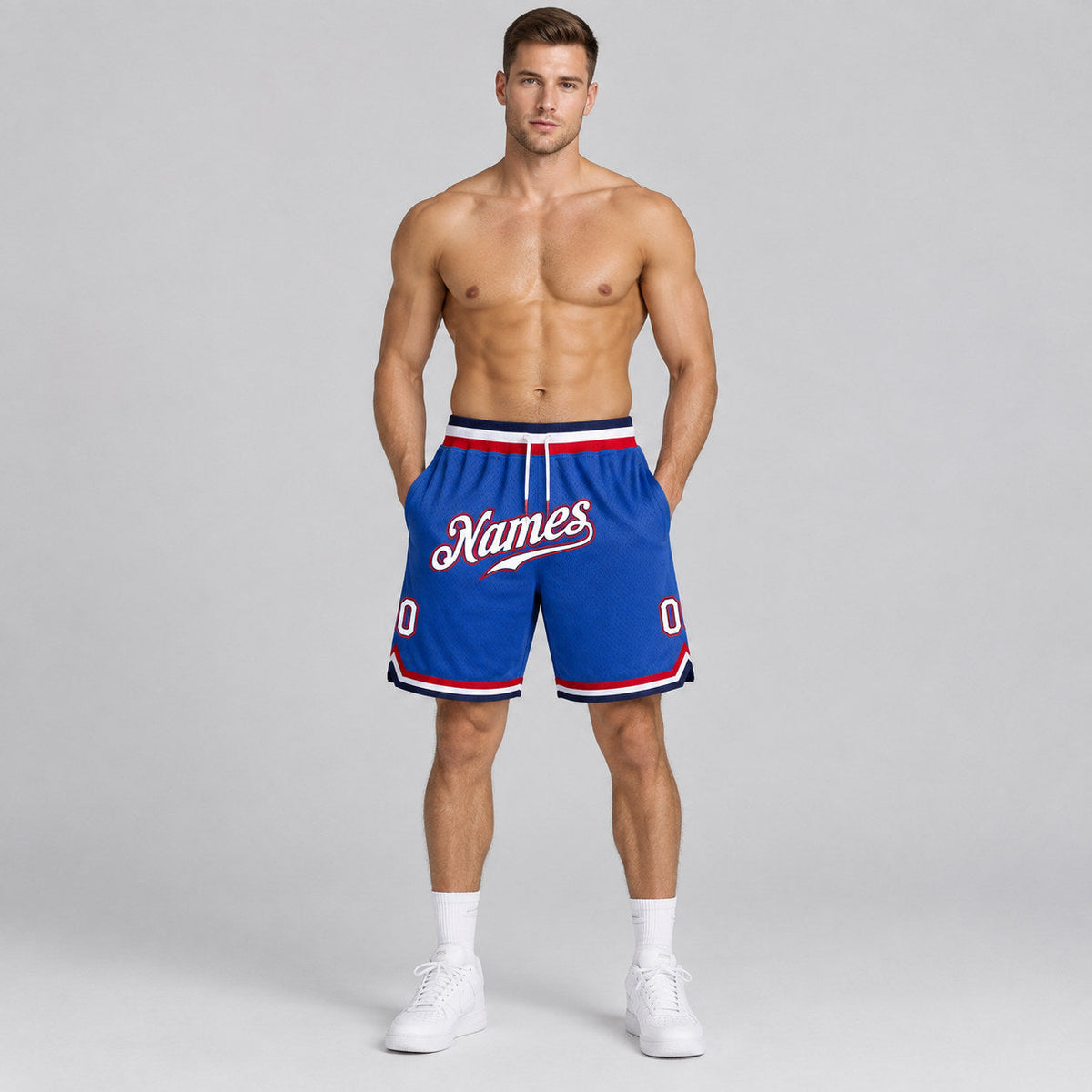 Custom Blue Authentic Throwback Basketball Shorts with White and Red Lettering worn by male model
