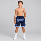 Custom Navy Authentic Throwback Basketball Shorts with Royal and White Lettering Design 0586 youth size worn by child model