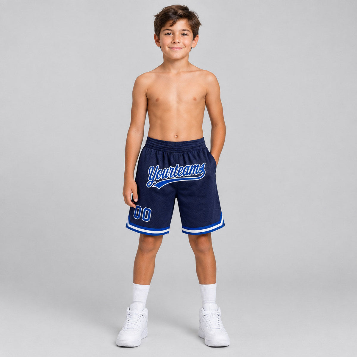 Custom Navy Authentic Throwback Basketball Shorts with Royal and White Lettering Design 0586 youth size worn by child model