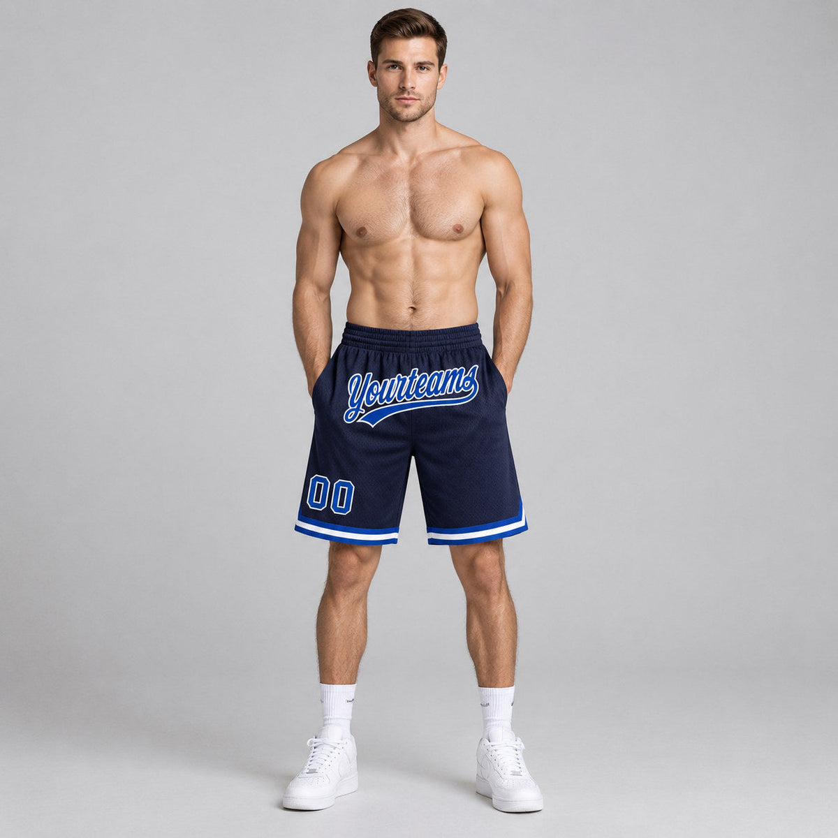 Custom Navy Authentic Throwback Basketball Shorts with Royal and White Lettering Design 0586 worn by male model