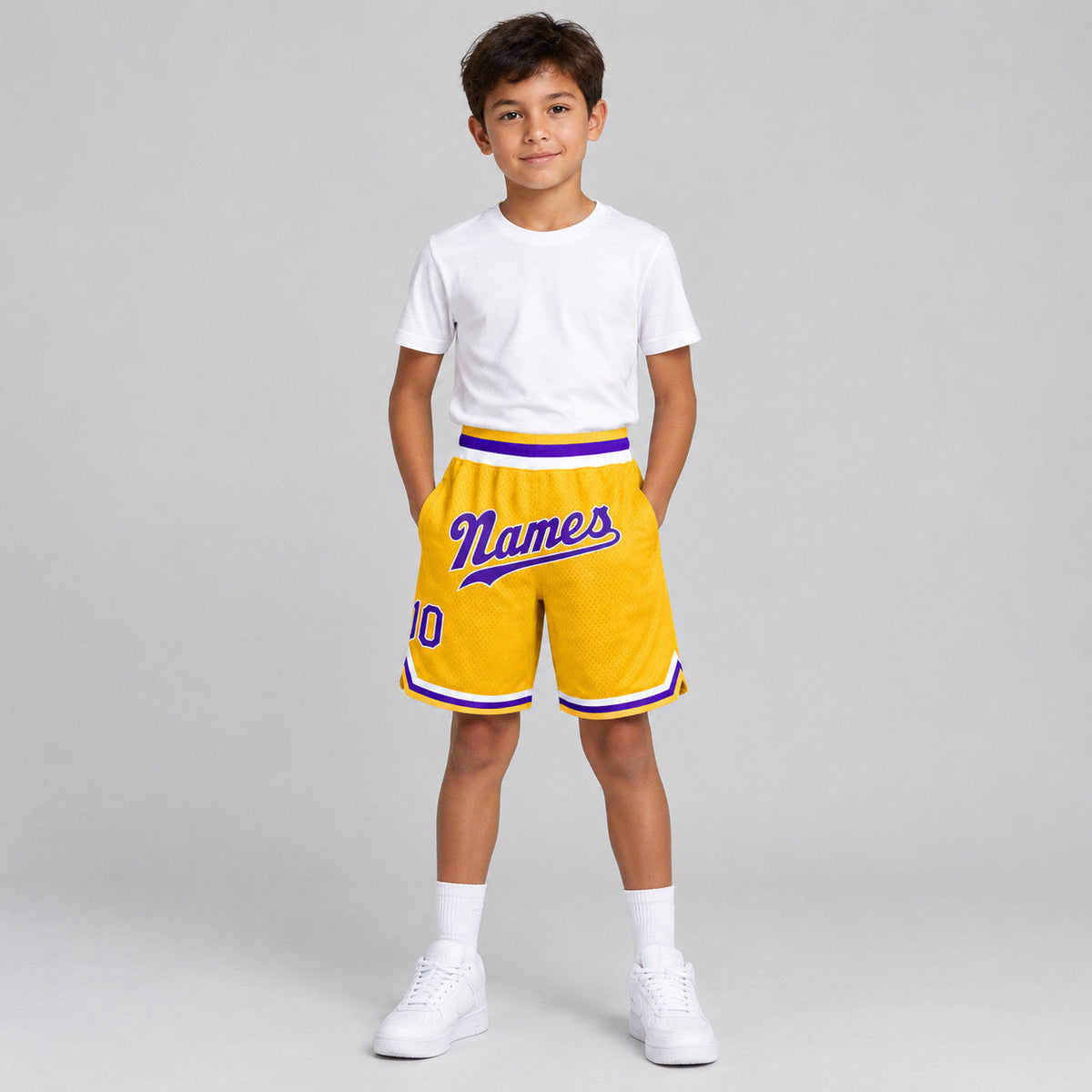 Custom Gold Authentic Throwback Basketball Shorts with Purple and White Lettering Design 0070 youth size worn by child model