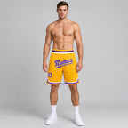 Custom Gold Authentic Throwback Basketball Shorts with Purple and White Lettering Design 0070 worn by male model