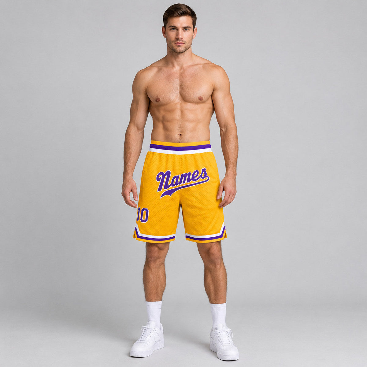 Custom Gold Authentic Throwback Basketball Shorts with Purple and White Lettering Design 0070 worn by male model
