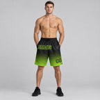 Custom Black Fade Pinstripe Authentic Basketball Shorts with Neon Green Lettering worn by male model