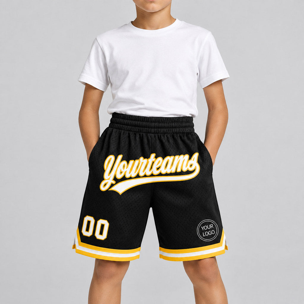 Custom Black Authentic Throwback Basketball Shorts with White and Gold Lettering Design 1393 youth size worn by child model