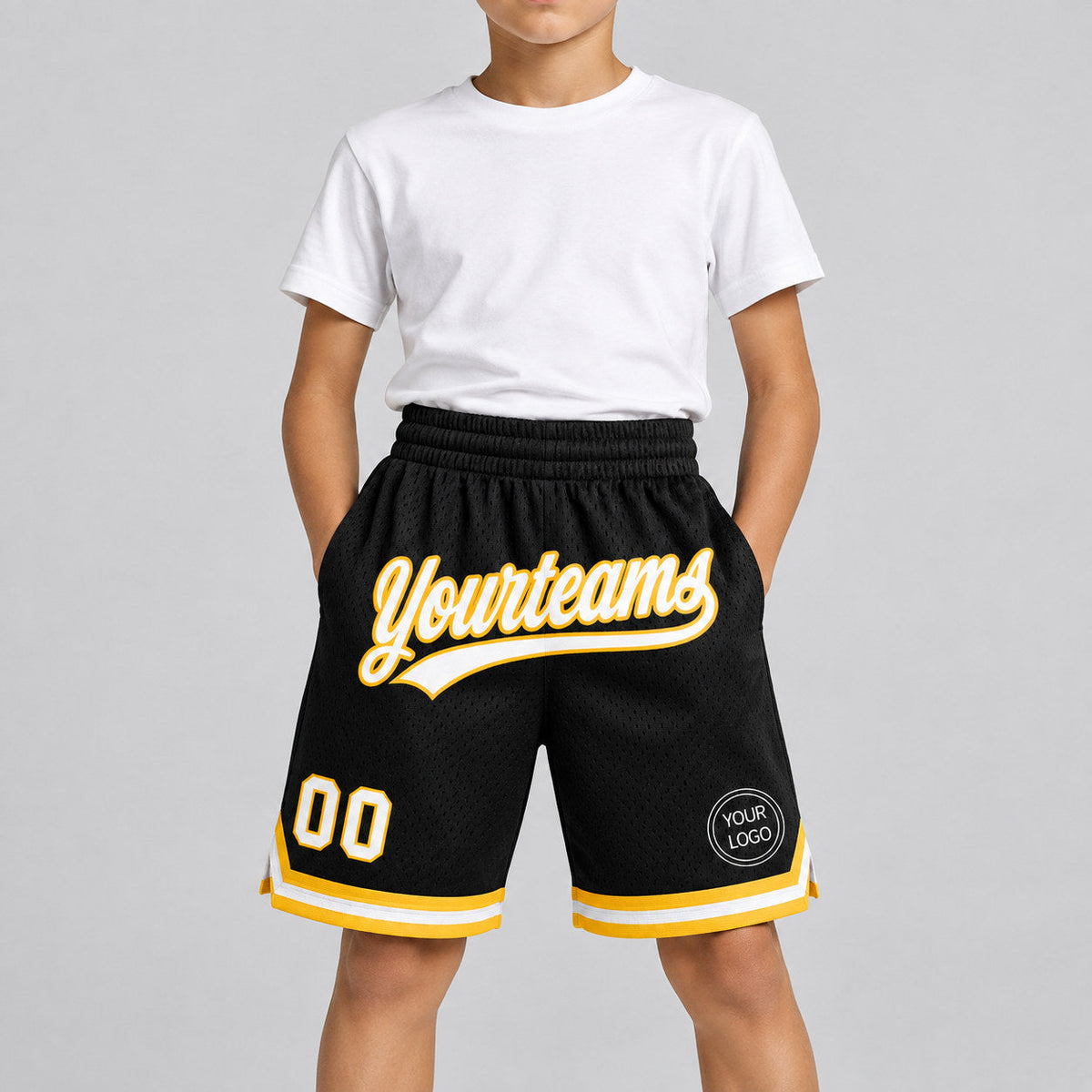 Custom Black Authentic Throwback Basketball Shorts with White and Gold Lettering Design 1393 youth size worn by child model