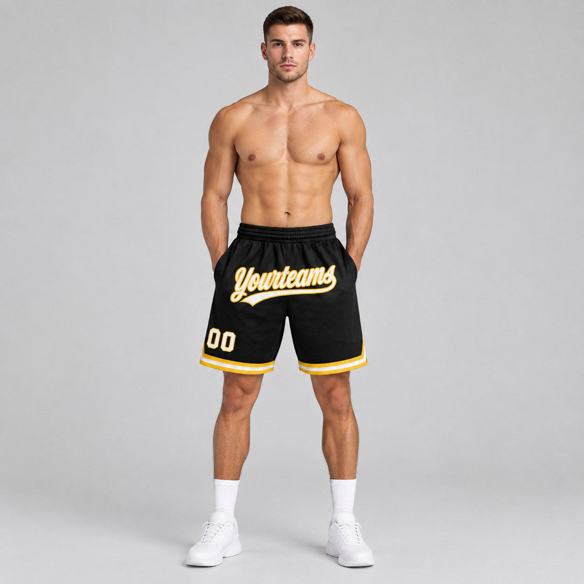 Custom Black Authentic Throwback Basketball Shorts with White and Gold Lettering Design 1393 worn by male model