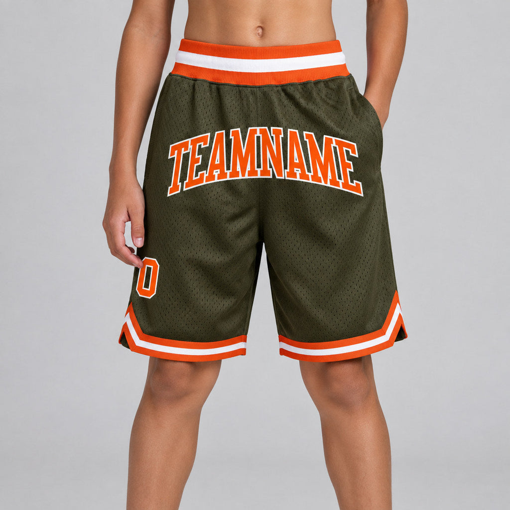 Custom Olive Salute To Service Authentic Throwback Basketball Shorts with Orange and White Lettering youth size worn by child model