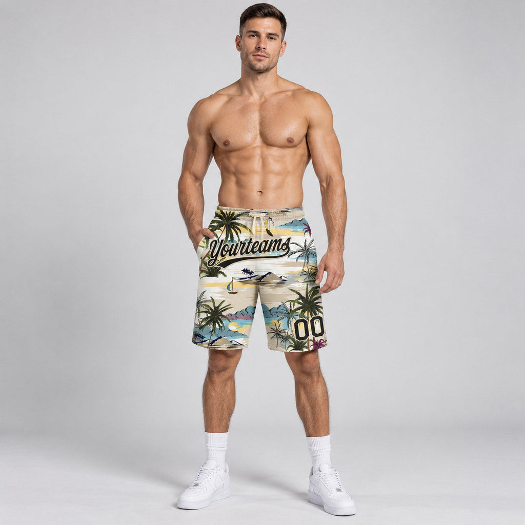 Custom Cream Hawaii Palm Trees And Island Authentic Basketball Shorts with Black Lettering worn by male model