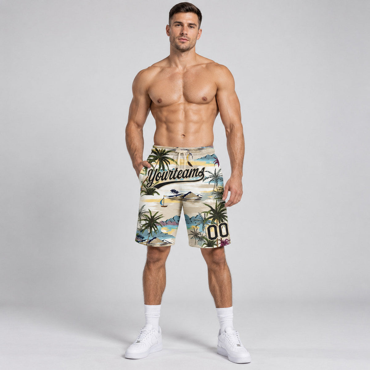 Custom Cream Hawaii Palm Trees And Island Authentic Basketball Shorts with Black Lettering worn by male model