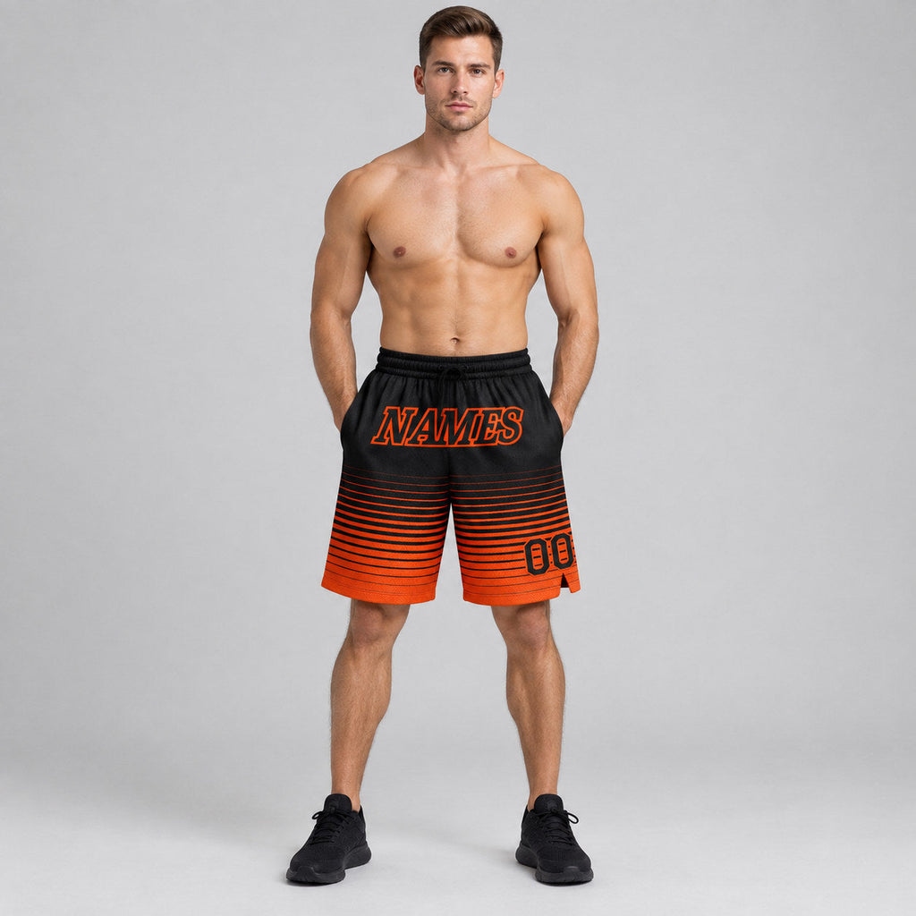 Custom Black Fade Pinstripe Authentic Basketball Shorts with Orange Lettering worn by male model