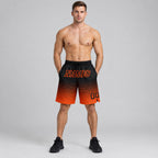 Custom Black Fade Pinstripe Authentic Basketball Shorts with Orange Lettering worn by male model