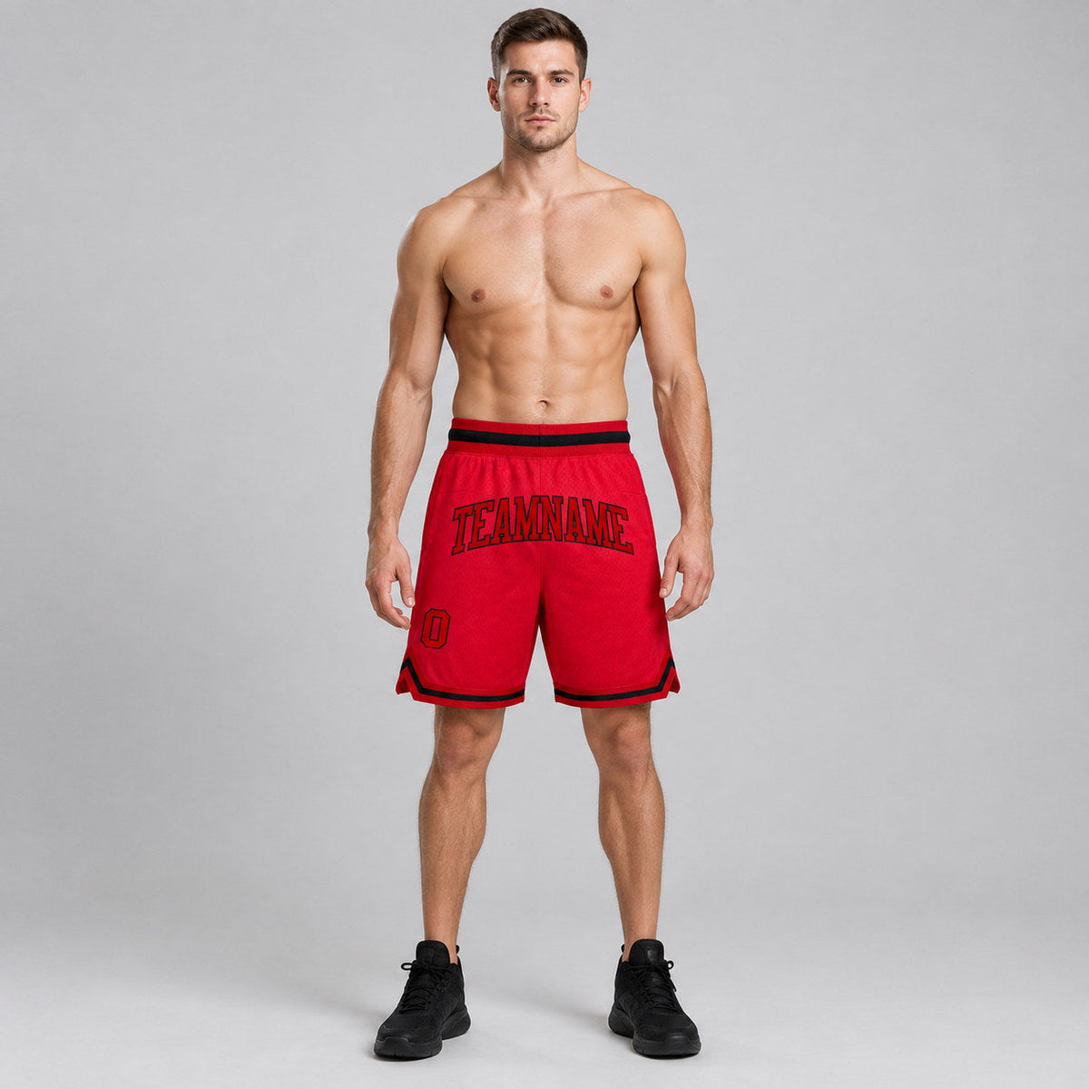 Custom Red Authentic Throwback Basketball Shorts with Red and Black Lettering worn by male model
