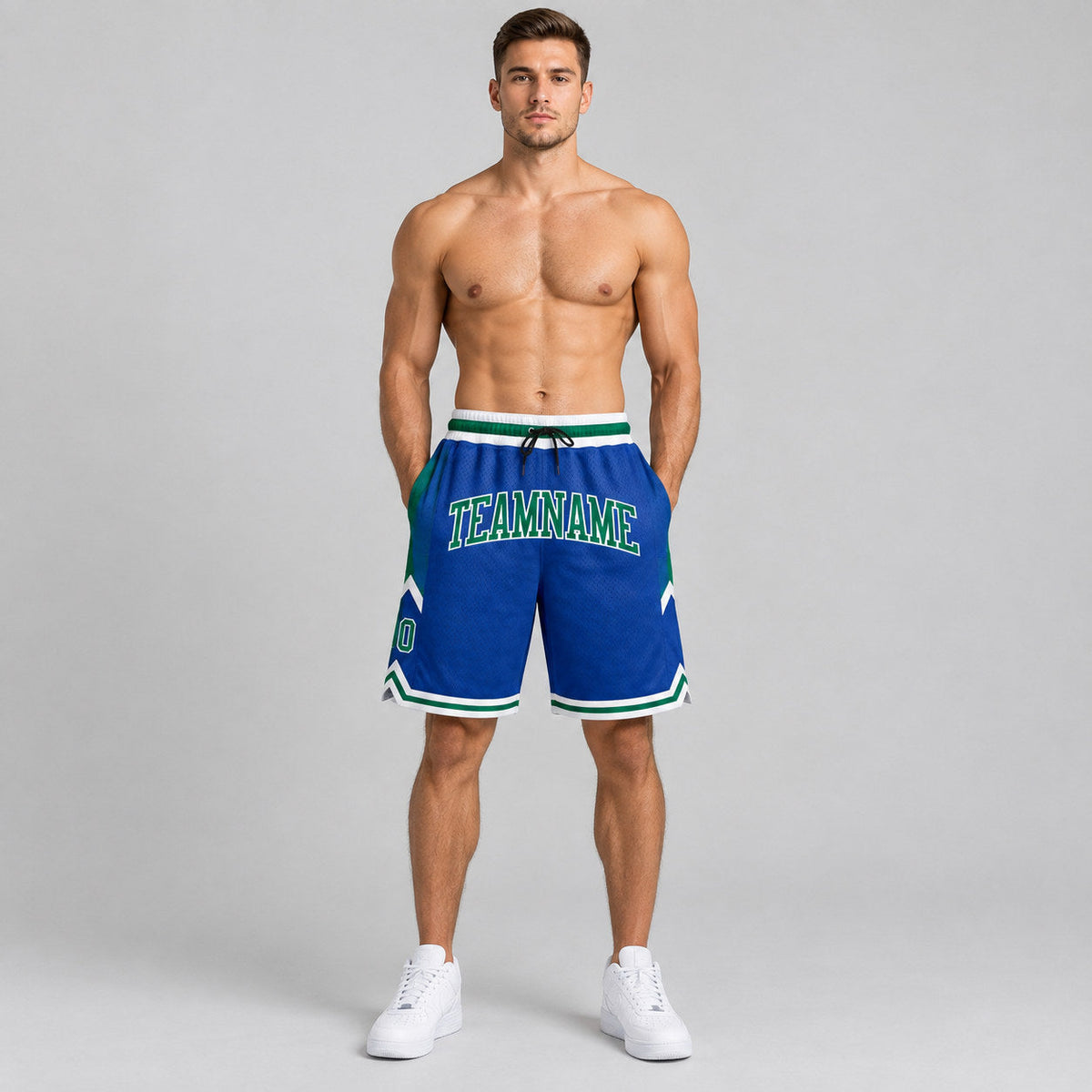 Custom Royal Authentic Throwback Basketball Shorts with Kelly Green and White Lettering worn by male model