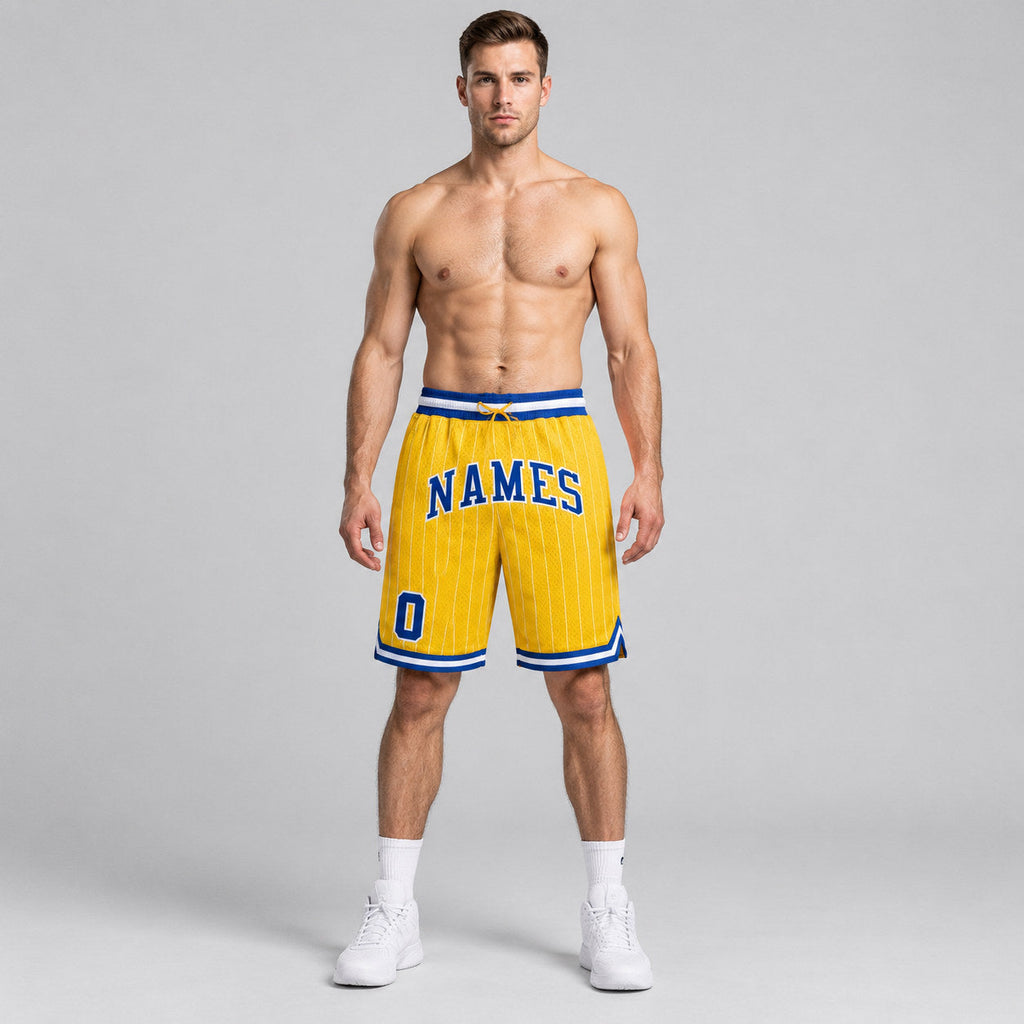 Custom Gold and White Pinstripe Authentic Basketball Shorts with Royal and White Lettering worn by male model