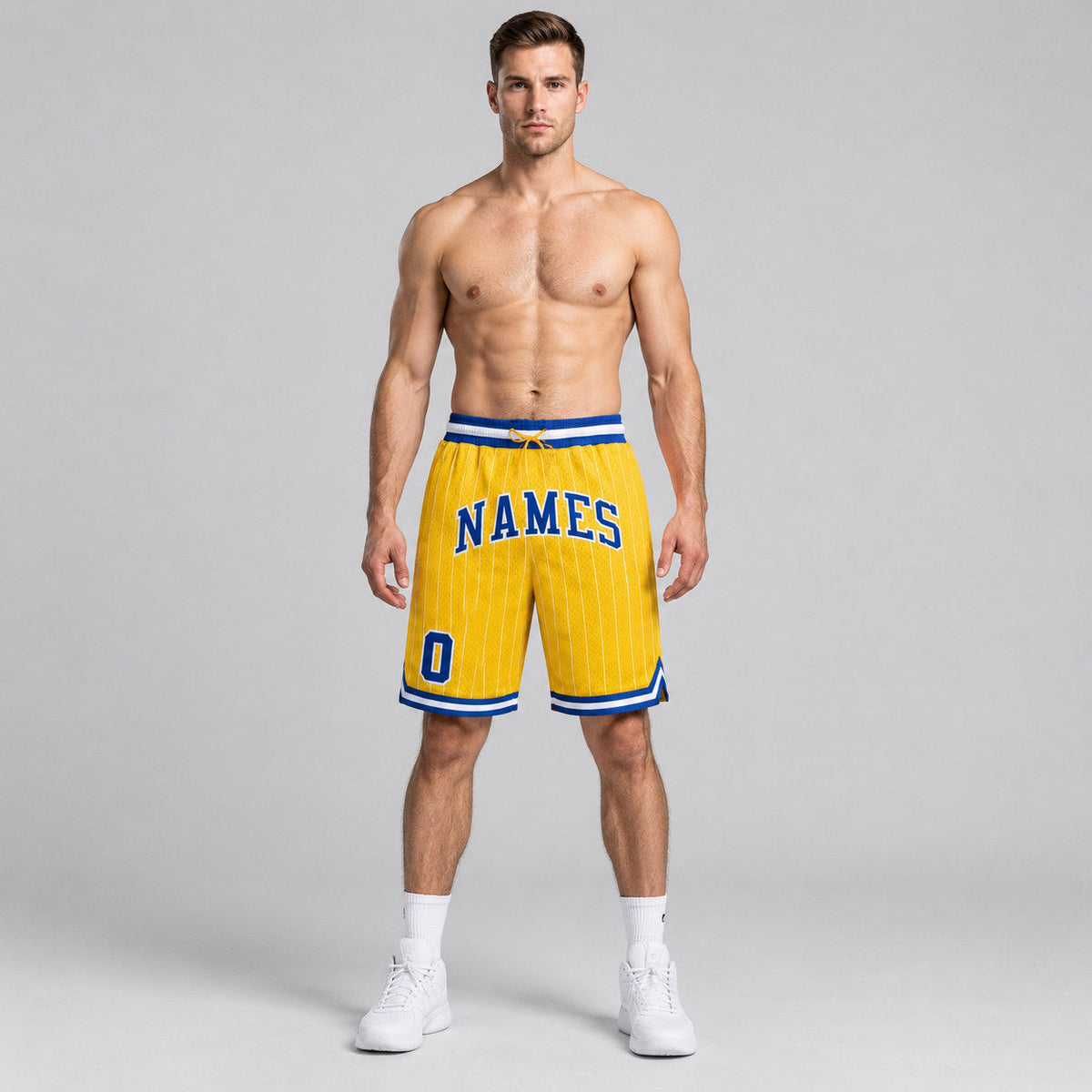 Custom Gold and White Pinstripe Authentic Basketball Shorts with Royal and White Lettering worn by male model