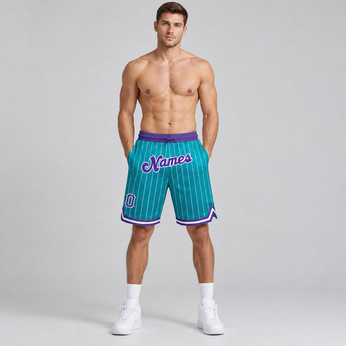 Custom Teal and White Pinstripe Authentic Basketball Shorts with Purple and White Lettering worn by male model
