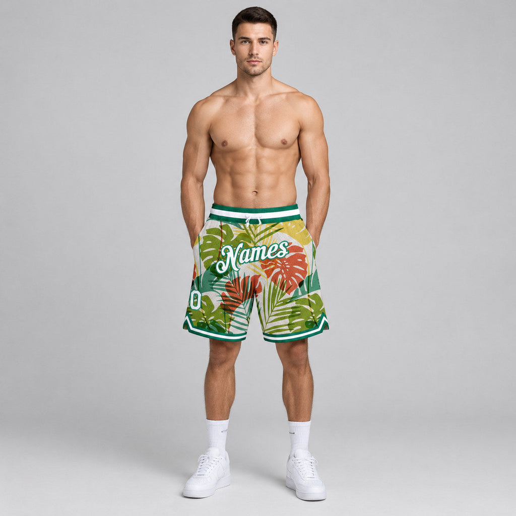 Custom White Palm Trees Authentic Basketball Shorts with White and Kelly Green Lettering worn by male model