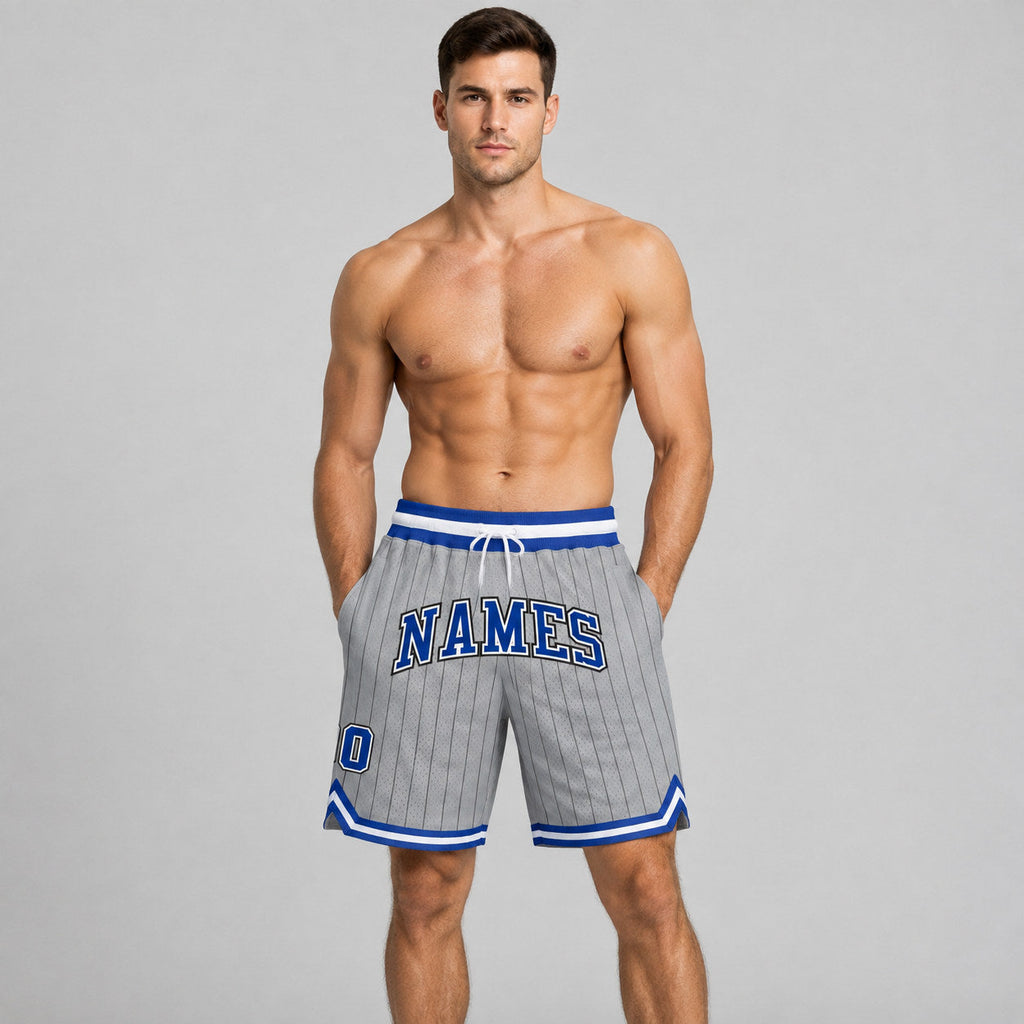 Custom Gray and Black Pinstripe Authentic Basketball Shorts with Royal and White Lettering worn by male model