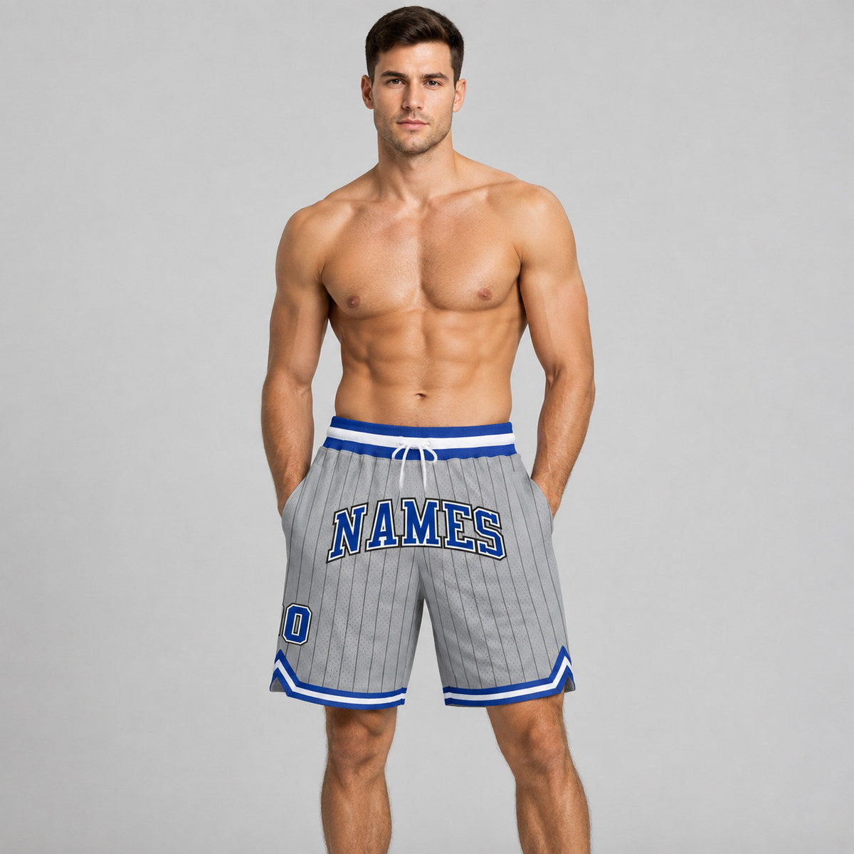 Custom Gray and Black Pinstripe Authentic Basketball Shorts with Royal and White Lettering worn by male model