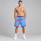 Custom Light Blue and White Pinstripe Authentic Basketball Shorts with Pink and Black Lettering worn by male model