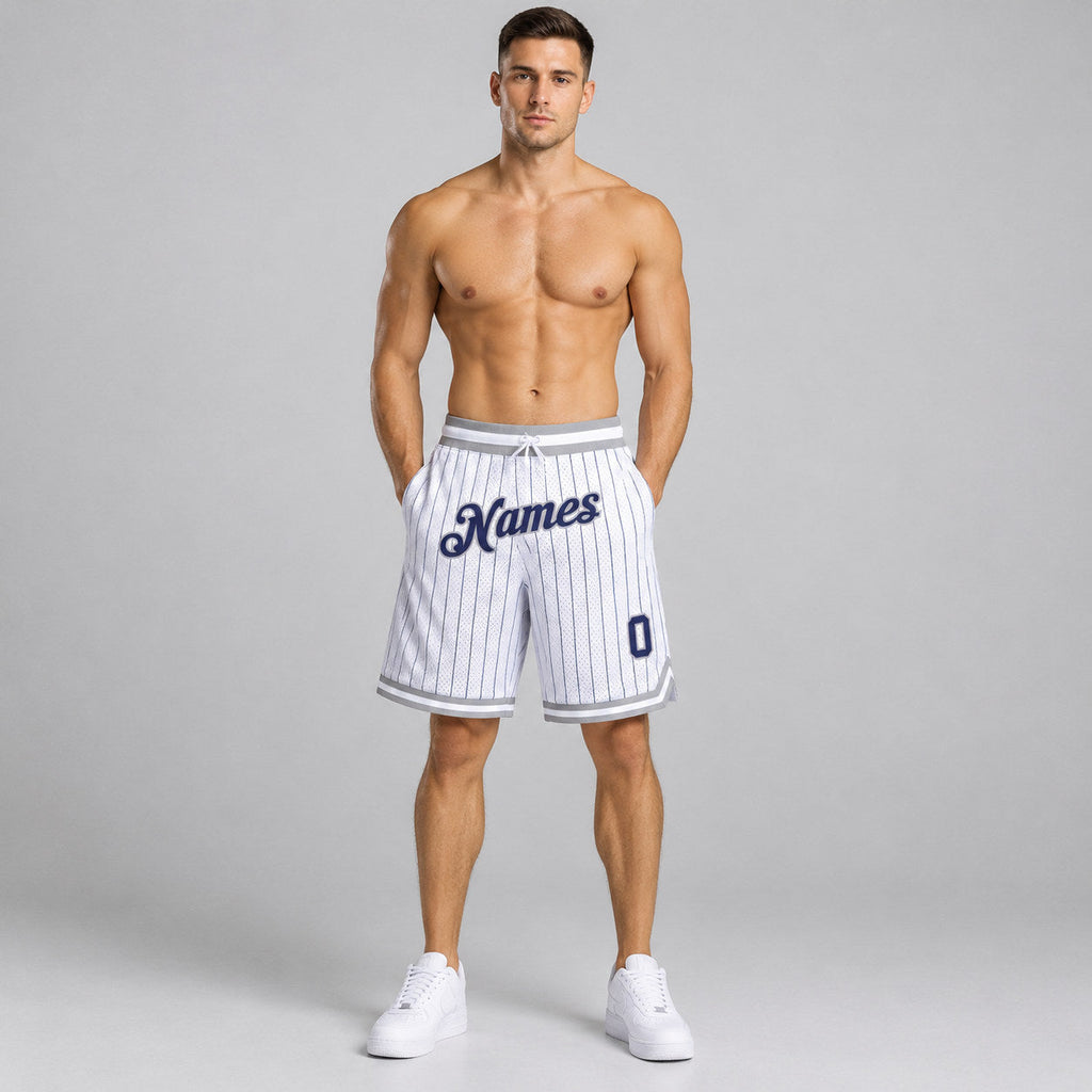 Custom White and Navy Pinstripe Authentic Basketball Shorts with Navy and Gray Lettering worn by male model